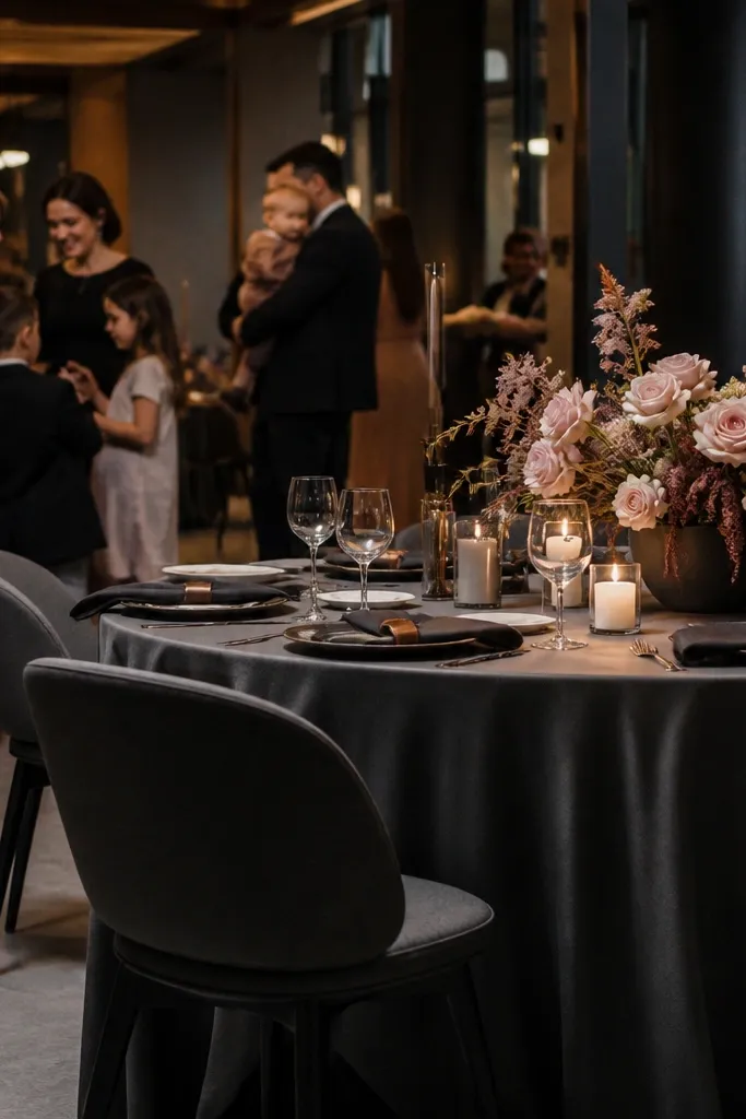 Mocha table settings with blush rose florals and charcoal candle holders