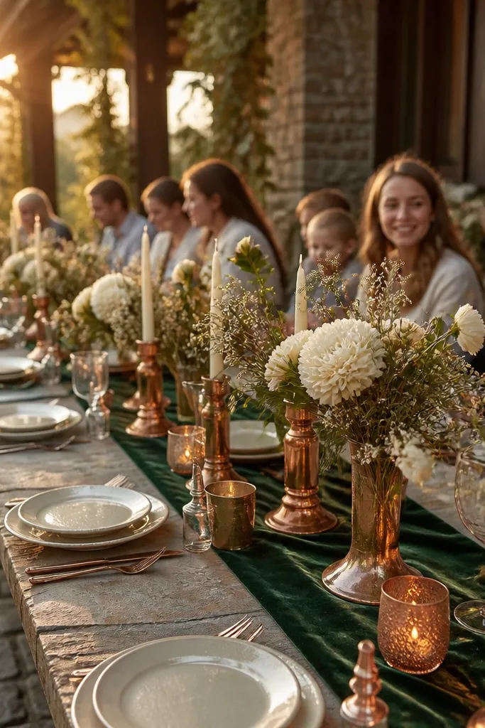 Forest green table runner with cream florals and copper candle holders