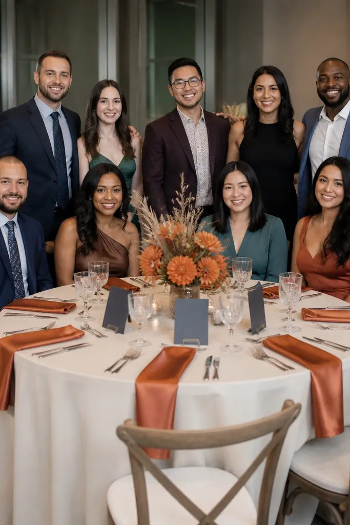 Burnt orange napkins with slate gray candles and ecru tablecloths