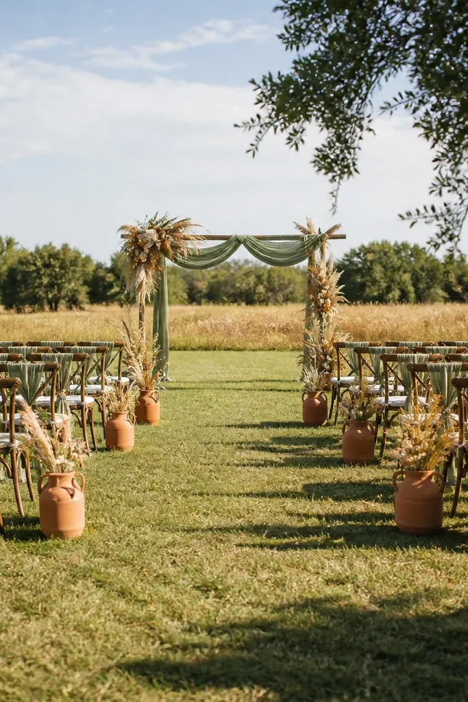 Sage greenery with terracotta blooms and wheat-gold ribbon details
