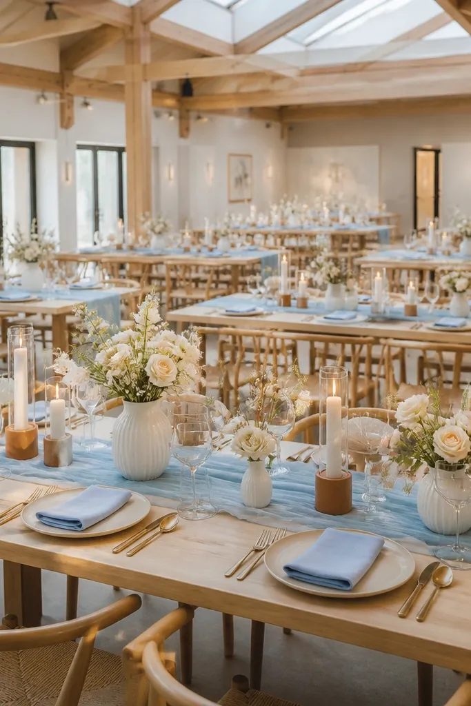 Pale blue table decor with clay accents and buttercream florals