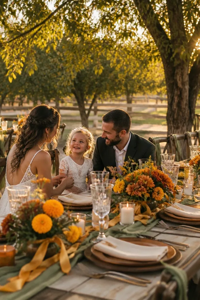 Marigold blooms with olive greenery and cream table settings