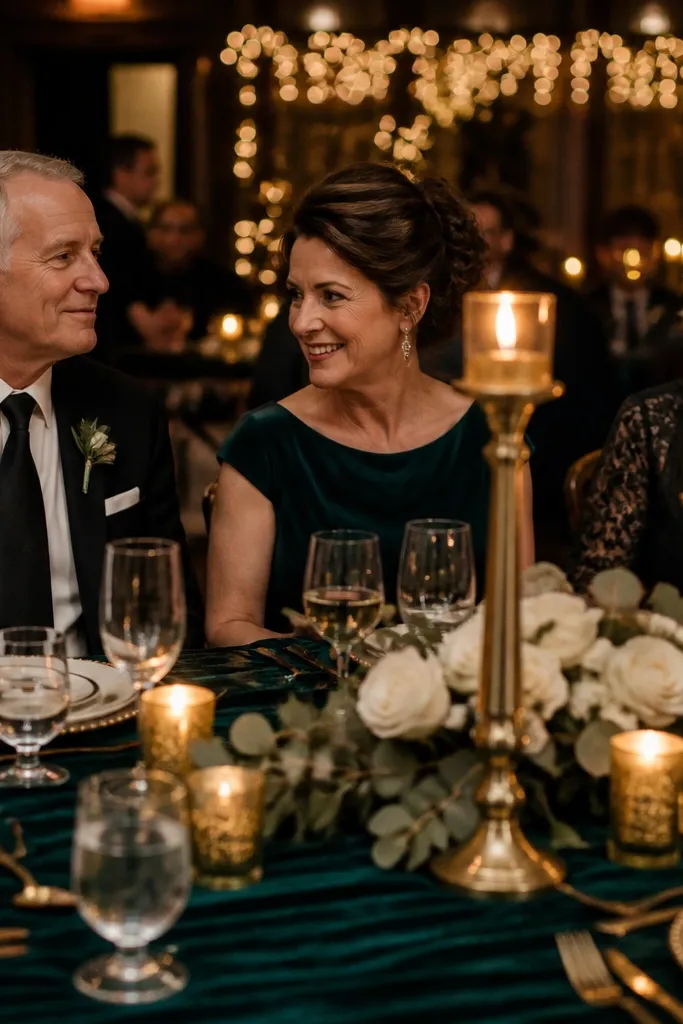 Emerald green accents with cream linens and dark gold candle holders