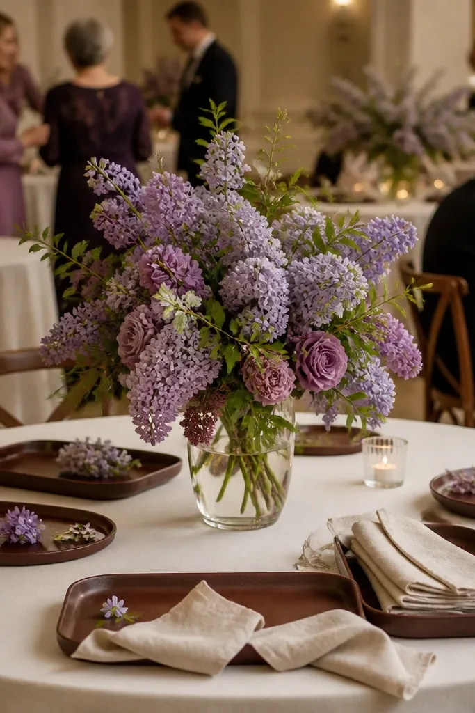Lilac mist florals with cocoa table decor and oatmeal napkins