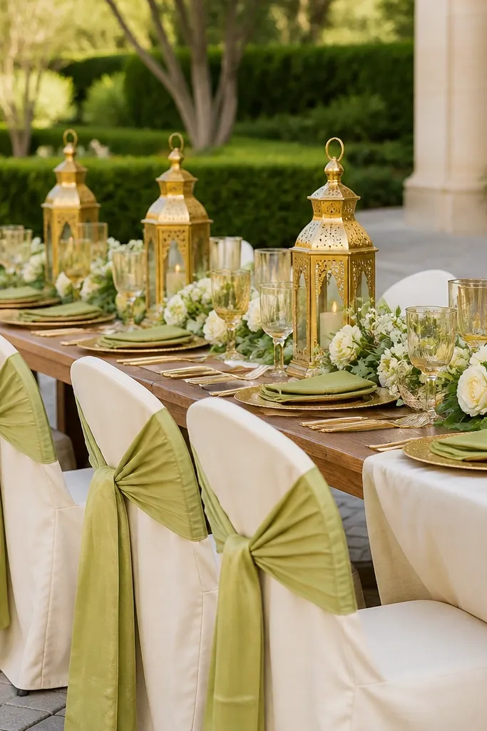 Pear green napkins with honey-gold accents and cream tablecloths