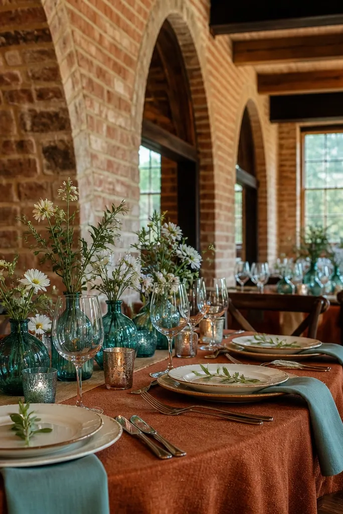 Sienna brown runners with soft teal florals and ivory candles