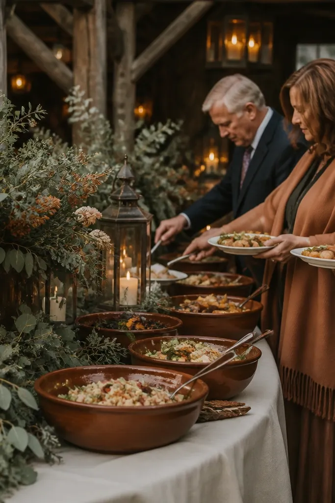 Cream linens with burnt umber accents and sage smoky greenery