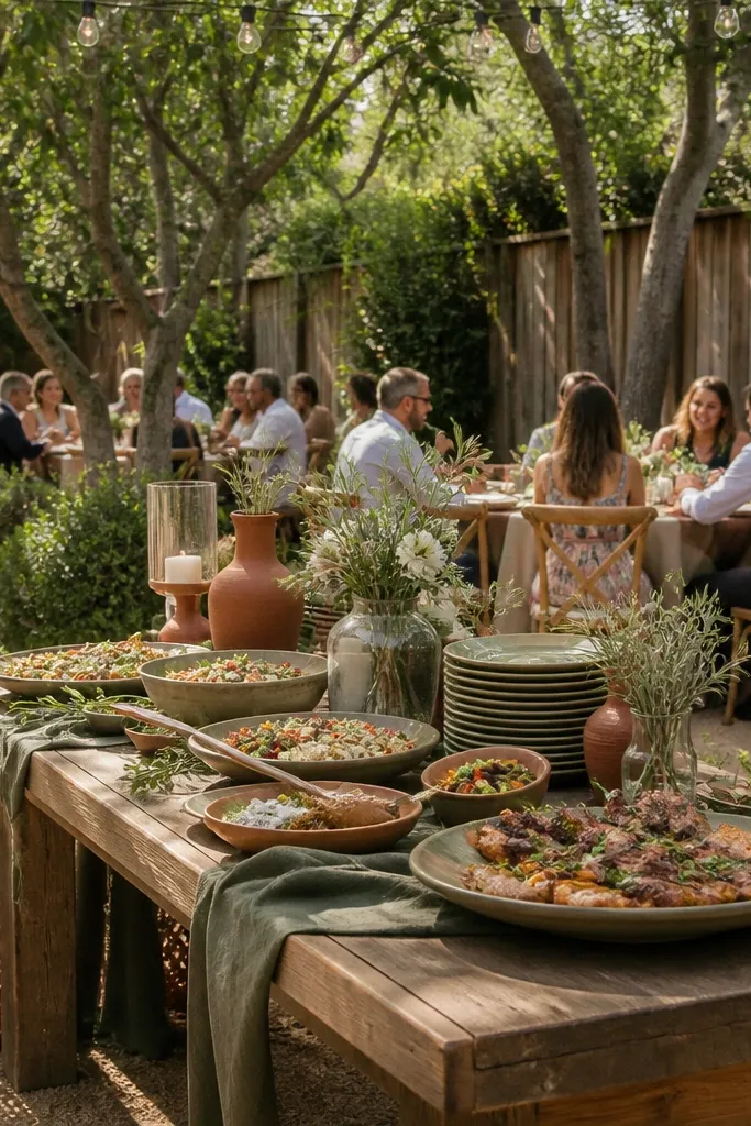 Olive drab greenery with rust accents and warm cream table settings