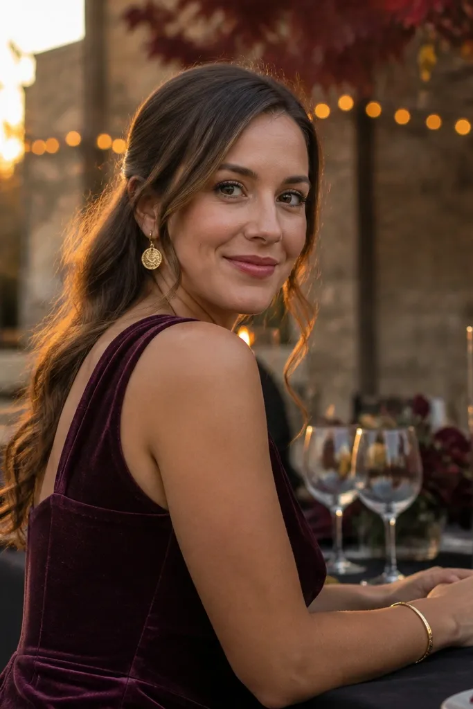 Plum velvet bridesmaid dresses with short sleeves and gold jewelry