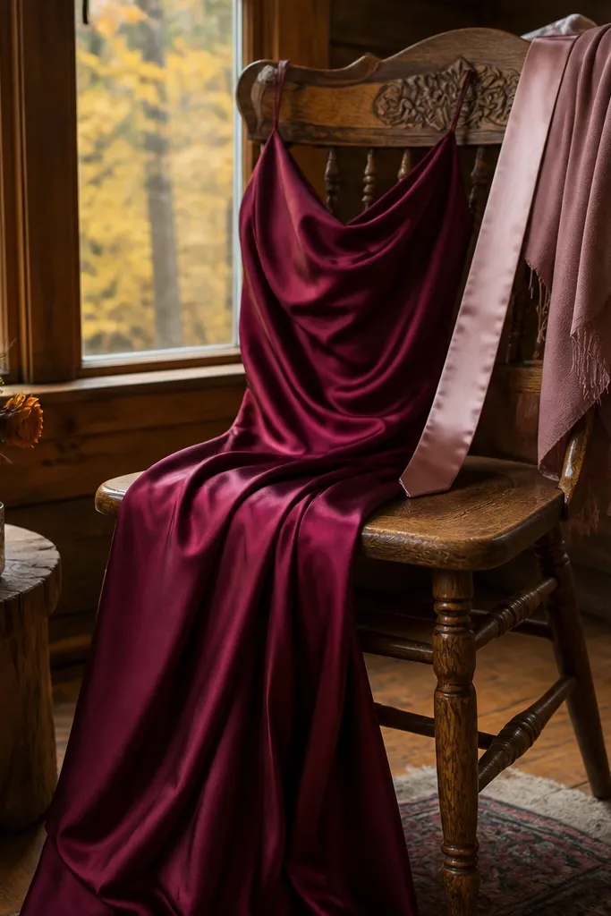 Berry purple satin dresses with cap sleeves and dusty rose bouquets