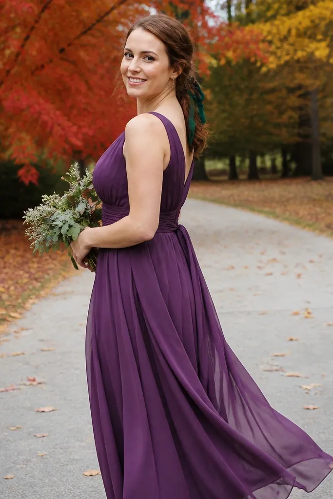 Grape purple chiffon dresses with flowing skirts and evergreen ribbon hair ties