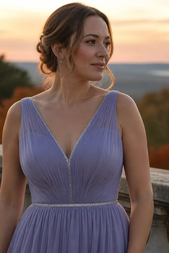Periwinkle lavender dresses with silver-thread accents and light makeup