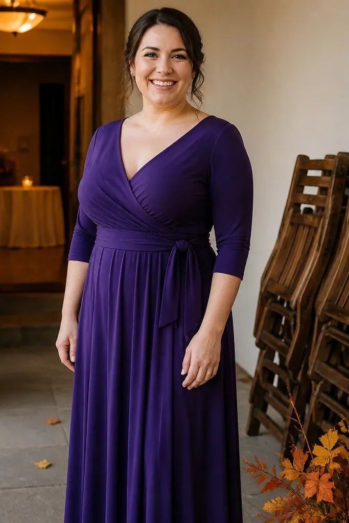 Deep violet jersey dresses with matching belts and knee-length hems