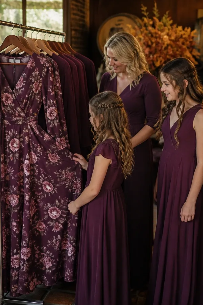 Plum rose print dresses mixed with solid plum dresses for bridesmaids