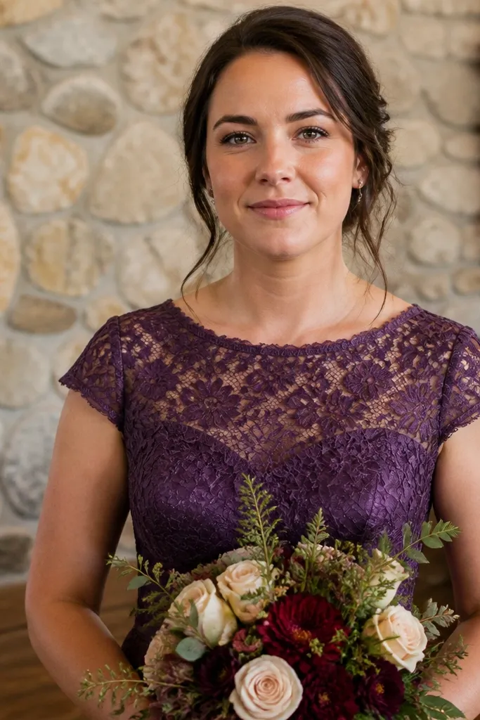 Amethyst lace dresses with mid-coverage necklines and soft lining