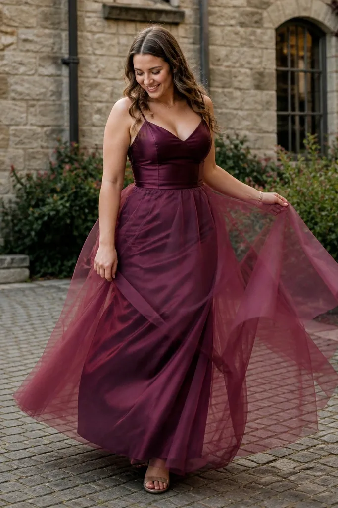 Wine-purple satin slip dresses with layered tulle overskirts