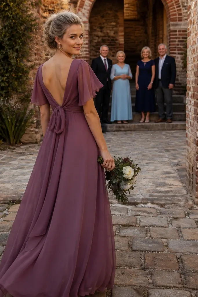 Dusty plum chiffon dresses with back bow ties and soft ruching