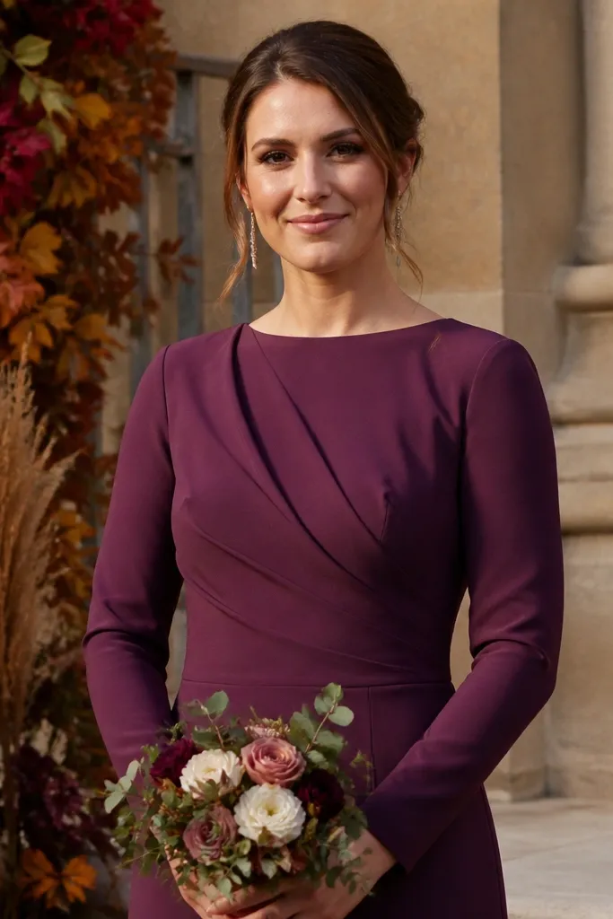 Rosewood purple crepe dresses with long sleeves and fitted waists