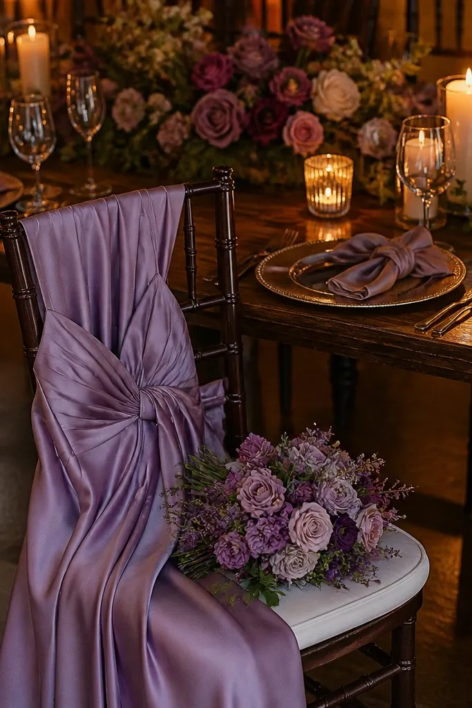 Mauve-lilac satin dresses with warm-toned bouquet colors