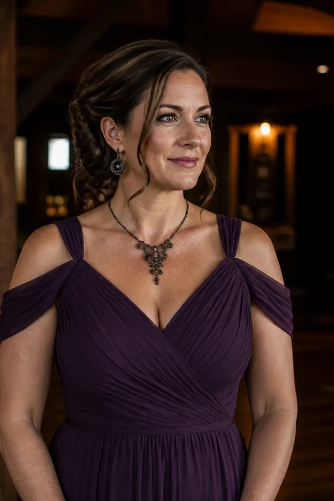 Eggplant purple dresses with blackened bronze jewelry and dark hair accessories
