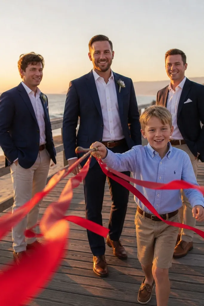 Kids hold ribbon wands while dads stand by a boardwalk railing.