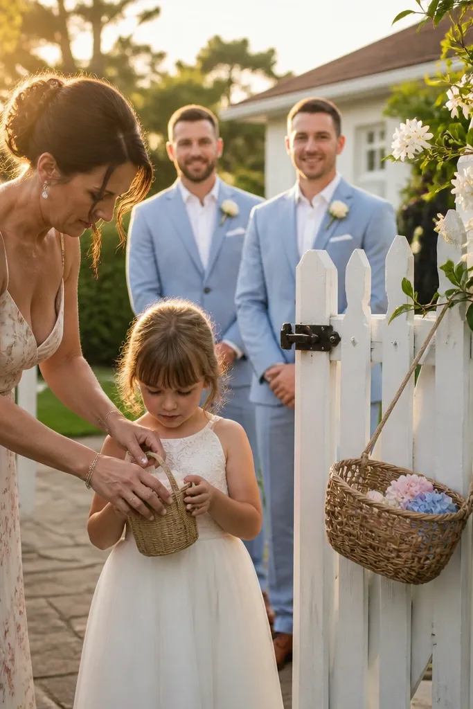 A child places small flower bags at a garden gate while adults watch.