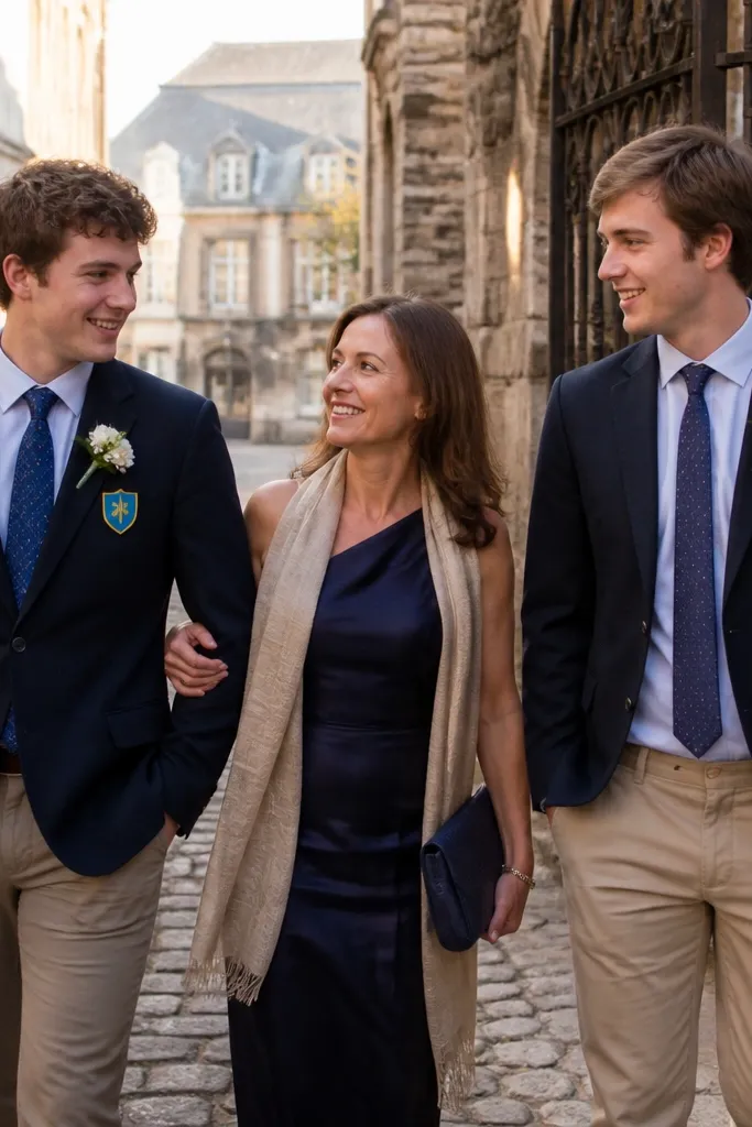 Kids wear paper badges while walking beside groomsmen in an old-town street.