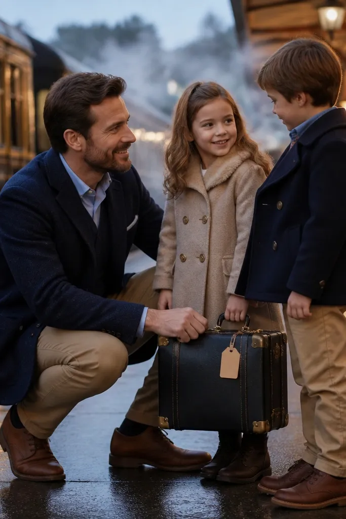 Kids hold small suitcases near a station sign while adults pose behind them.