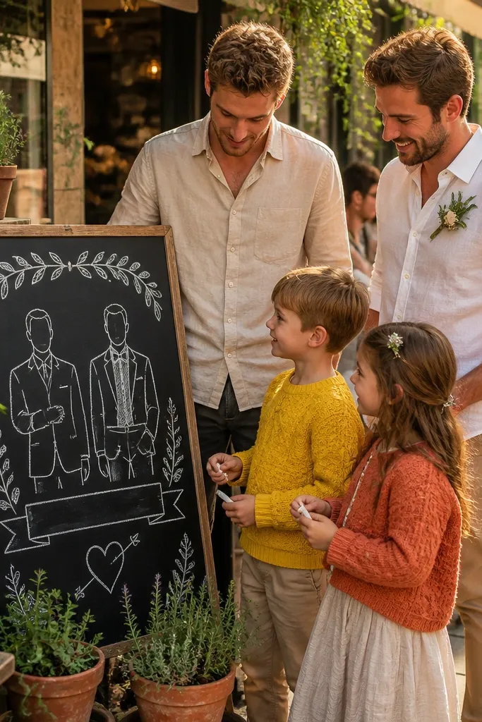 A child stands by a chalkboard that says junior groomsmen while groomsmen smile.