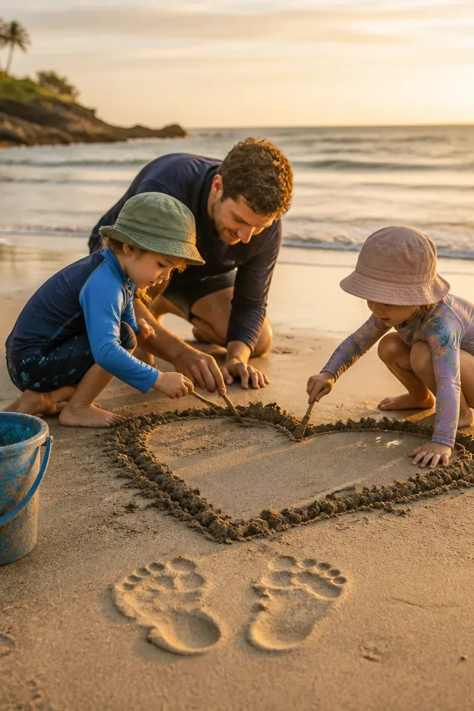 Kids hold sand buckets while adults pose near heart-shaped footprints.