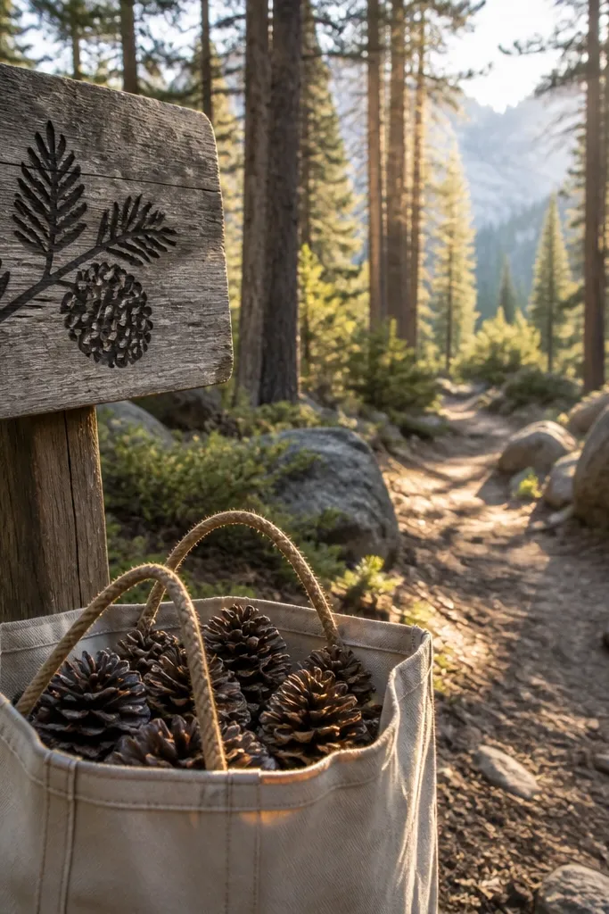 Kids hold pinecones while standing at a trailhead sign with groomsmen.