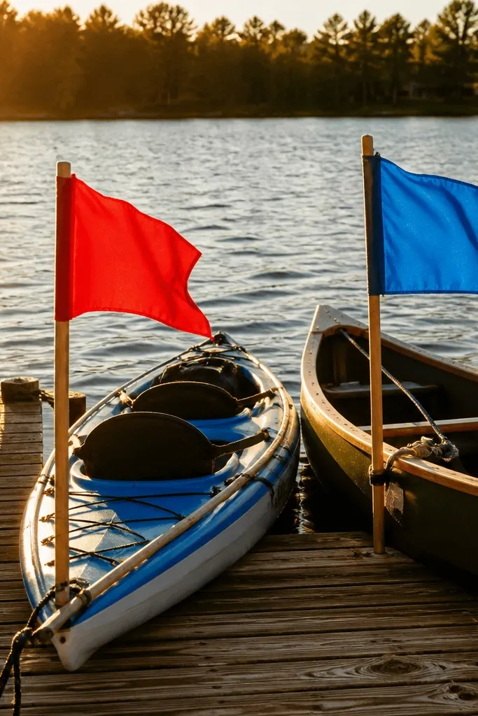 Kids hold mini flags at a dock while groomsmen pose near boats.