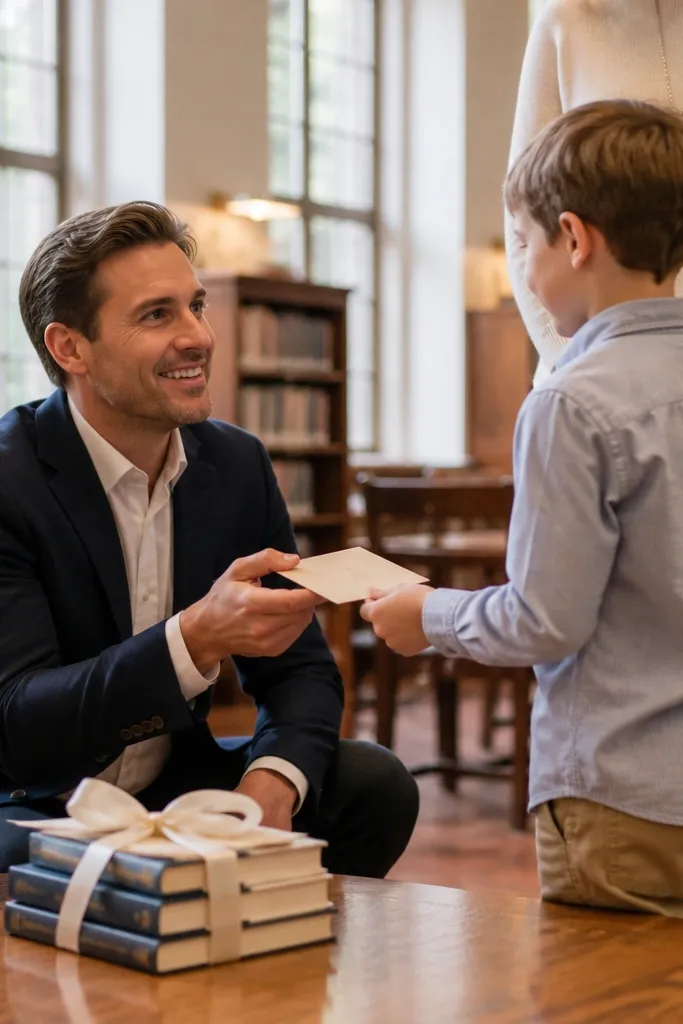 Kids pose beside a stack of books labeled junior groomsmen with adults smiling.