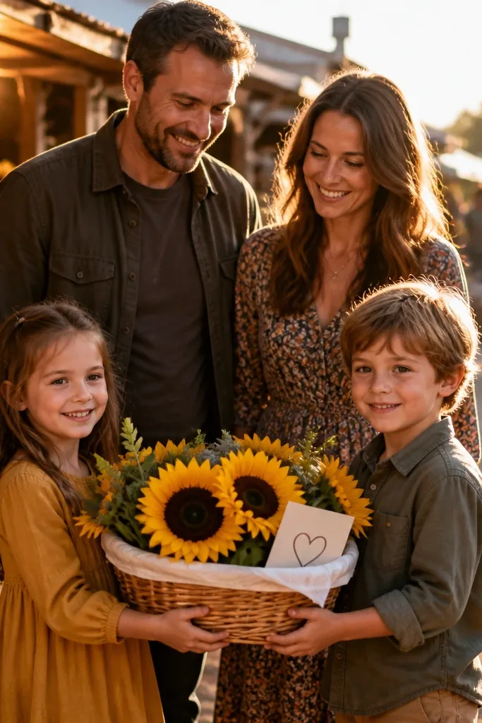 A child holds a sunflower basket while groomsmen stand beside a market stall.