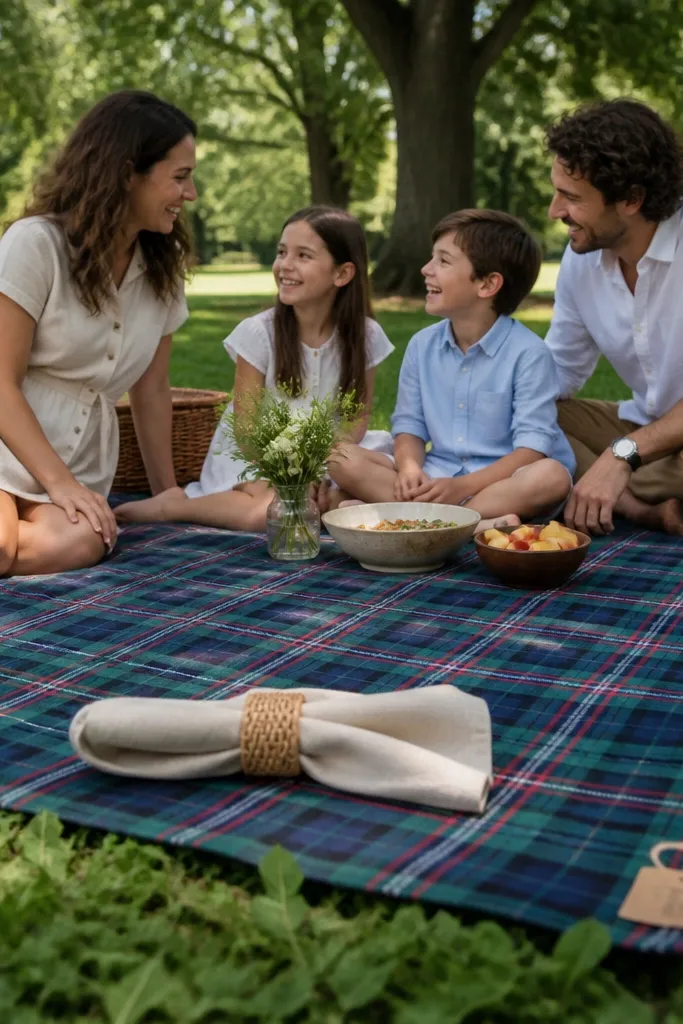 A picnic blanket with name tags where kids place napkin rings for groomsmen.
