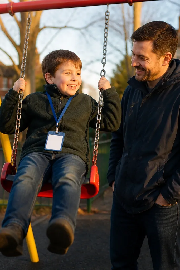 Kids on a playground swing hold team badges while groomsmen stand nearby.
