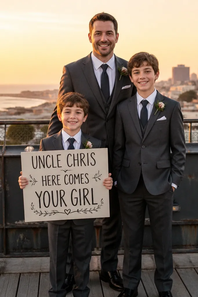 Kids hold a simple sign while groomsmen stand behind them at sunset on a rooftop.