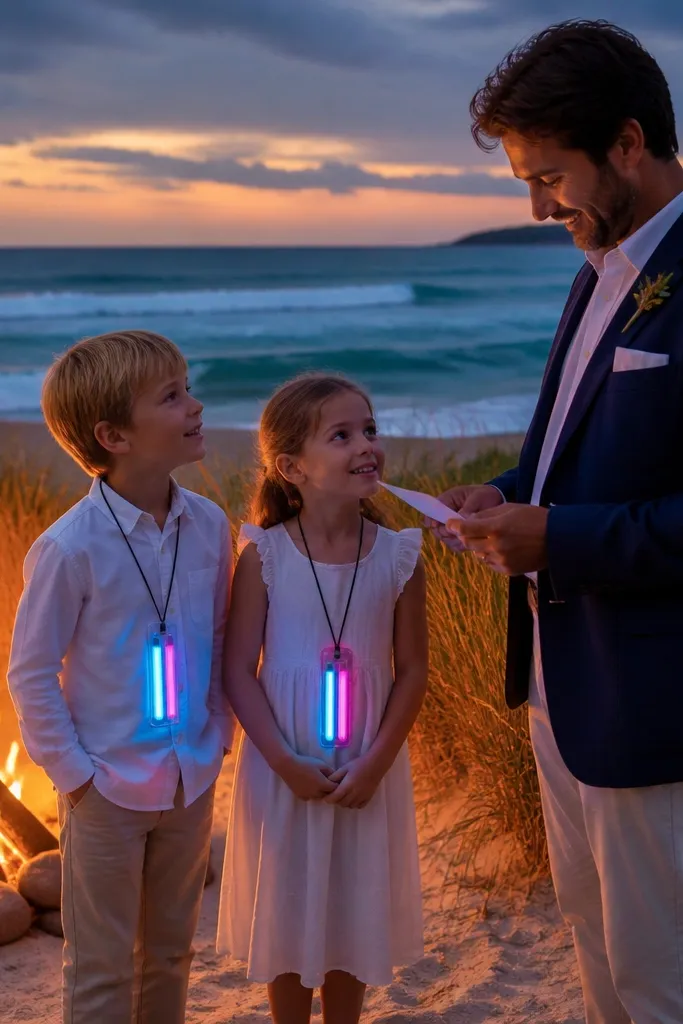 Kids wear glow badges near a small beach bonfire while adults pose.
