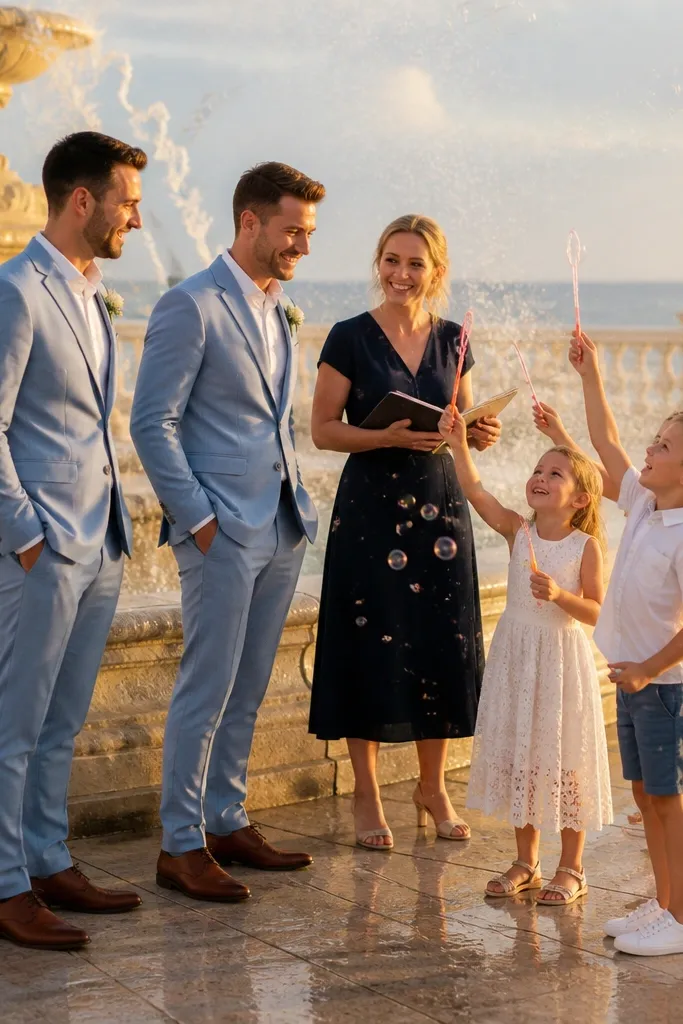 Kids hold bubble wands near a fountain while groomsmen stand smiling.