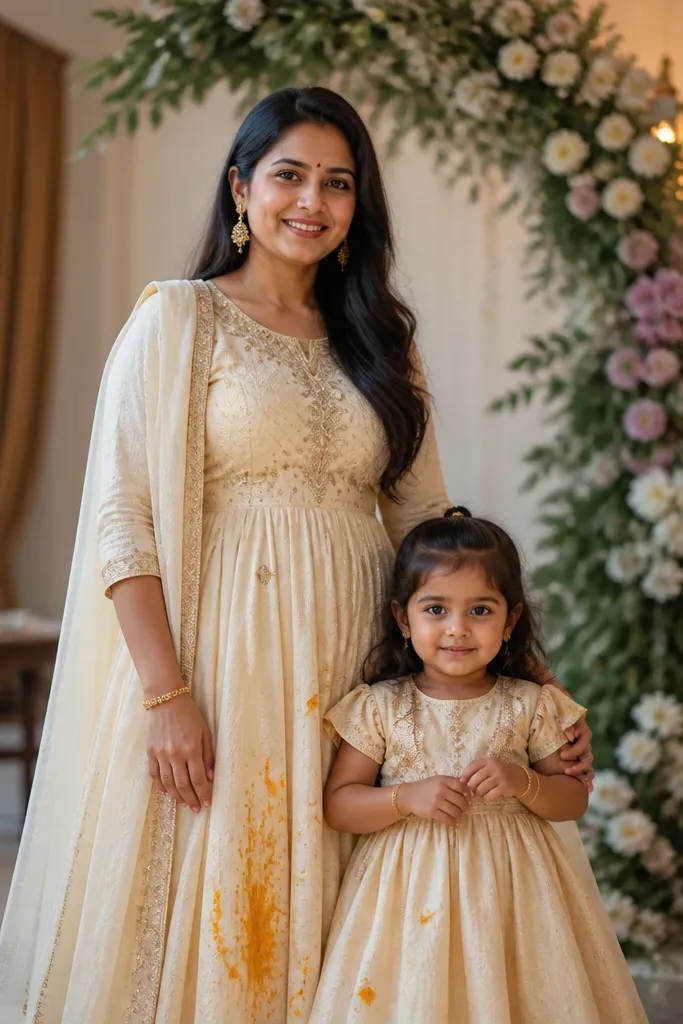 Ivory anarkali dress with golden accents and a small matching frock in warm ivory
