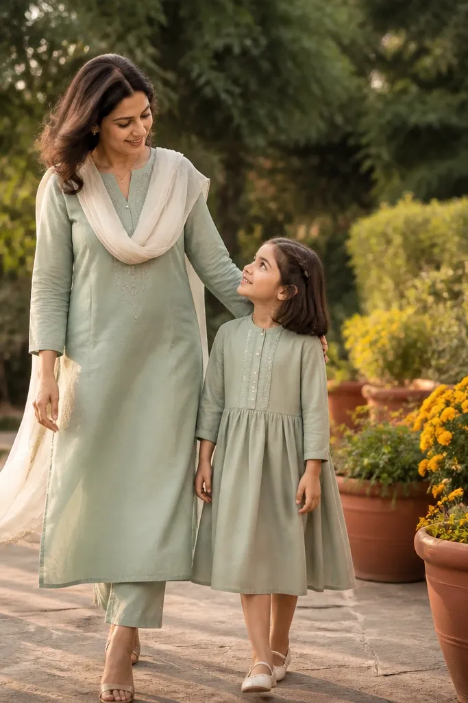 Sage green kurta-dress with ivory dupatta and a small paneled dress in sage green