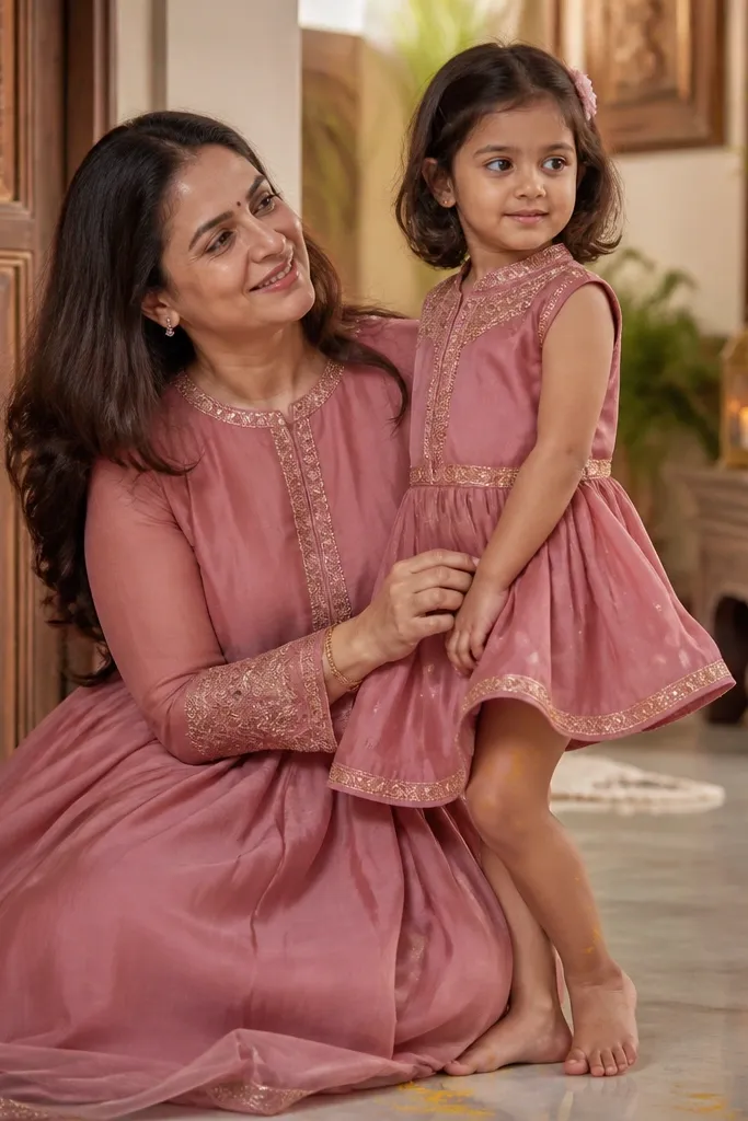 Dusty rose anarkali with rose-gold trim and a short flared frock in dusty rose