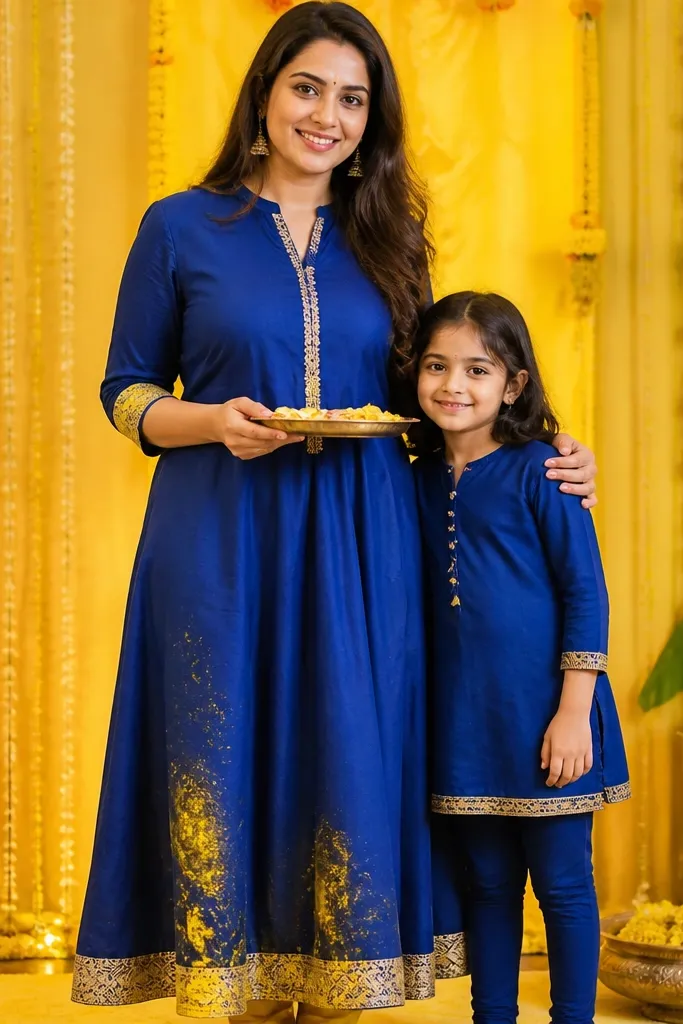 Cobalt blue straight kurta-dress with gold border and a matching blue outfit for a girl