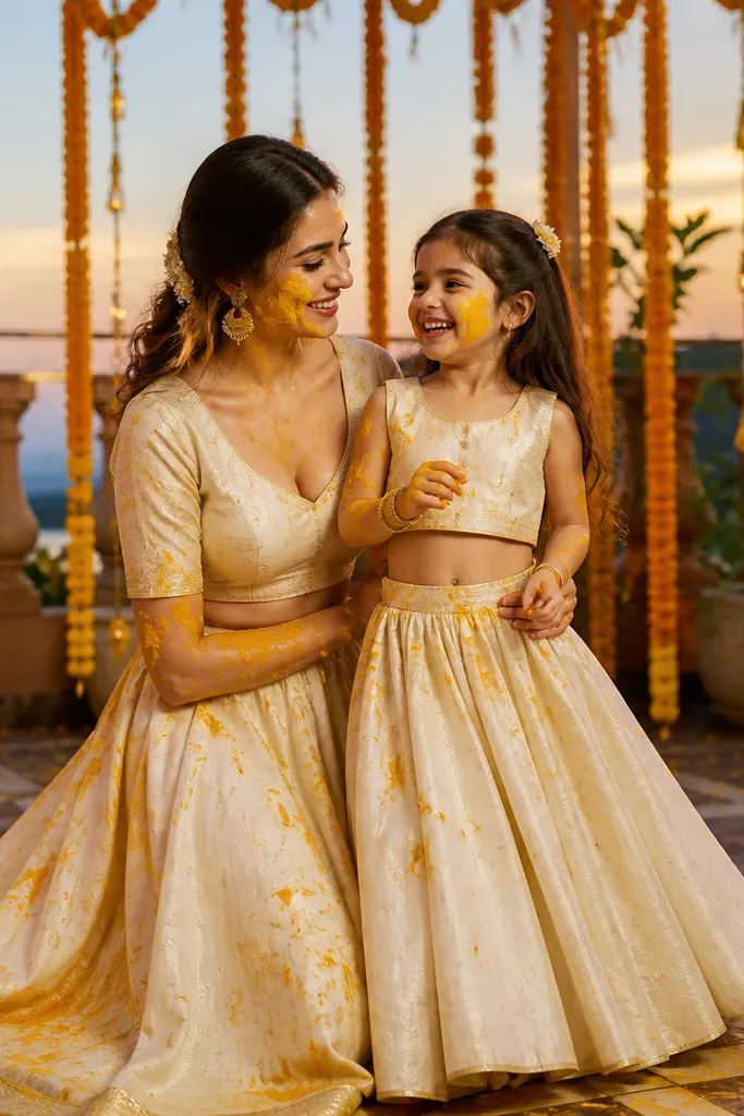 Ivory lehenga-choli with soft lining and a girl's flared skirt set in ivory