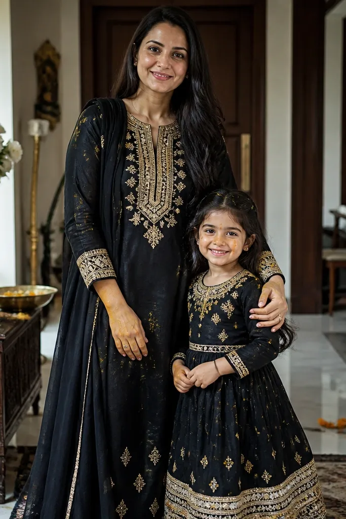 Black embroidered kurta with gold accents and a matching black-gold frock for a girl