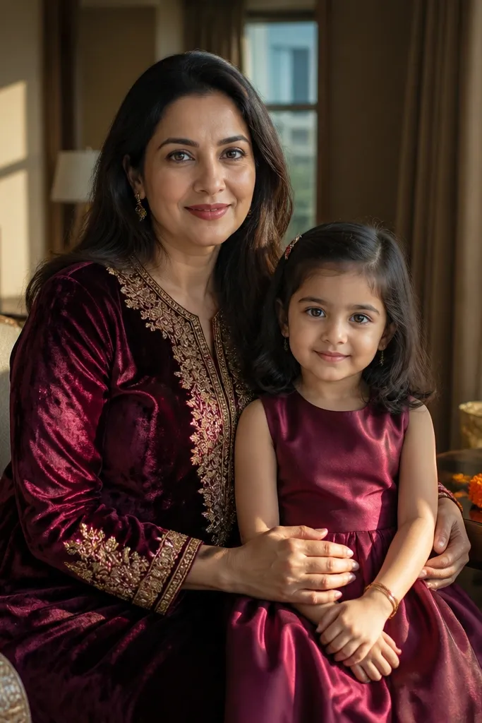 Maroon kurta-dress with velvet-like texture and a maroon satin frock for a girl
