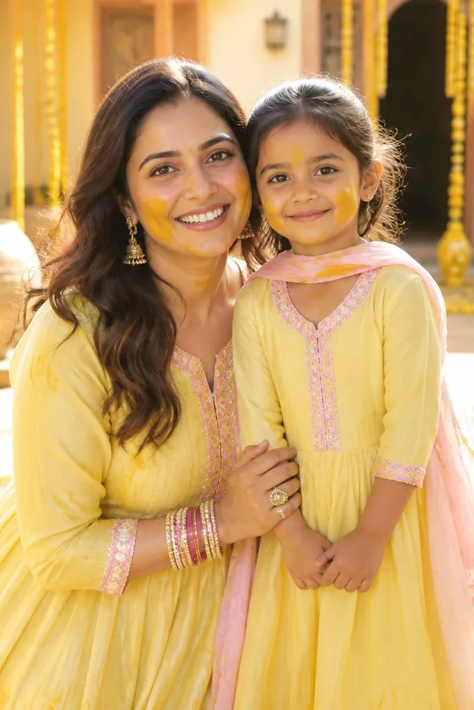 Pastel yellow anarkali with baby-pink trim and matching yellow outfit for a girl