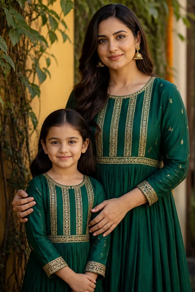 Emerald green paneled anarkali and a kid dress with gold-thread accents in emerald
