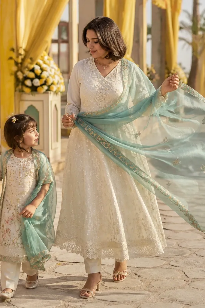 Off-white kurta-dress with teal chiffon dupatta and a girl's matching tunic