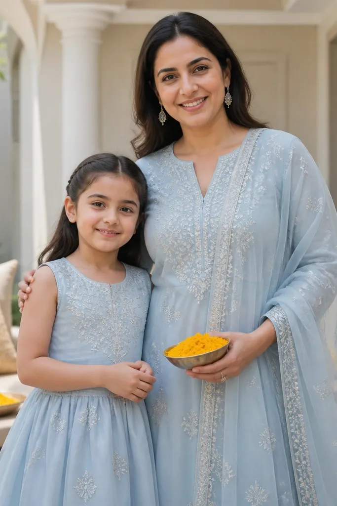 Powder blue kurta co-ord with silver thread and a matching girl frock